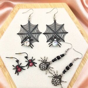 Vintage Halloween Spider Web Earrings Lot 3 Pairs Pierced Dangle Gothic Black
